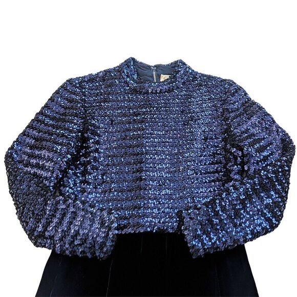 Vintage 60s Country Miss THE SUBURBAN Blue Sequin Velvet Blocked Evening Dress S - Picture 10 of 11